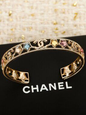 Chanel Gold-Tone Rainbow Crystal CC Bangle Bracelet